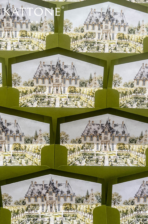 Luxury olive green wedding envelopes with custom watercolor liners featuring an elegant French chateau, formal gardens, trees, and romantic European estate architecture