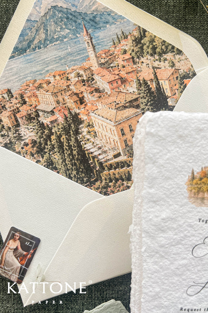 Luxury Lake Como wedding invitation envelopes with watercolor Italian destination wedding liners