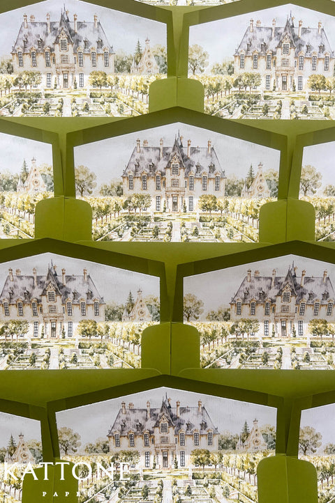 Custom French chateau wedding envelope liners with detailed watercolor illustration of a grand estate, manicured gardens, greenery, and olive green luxury envelopes