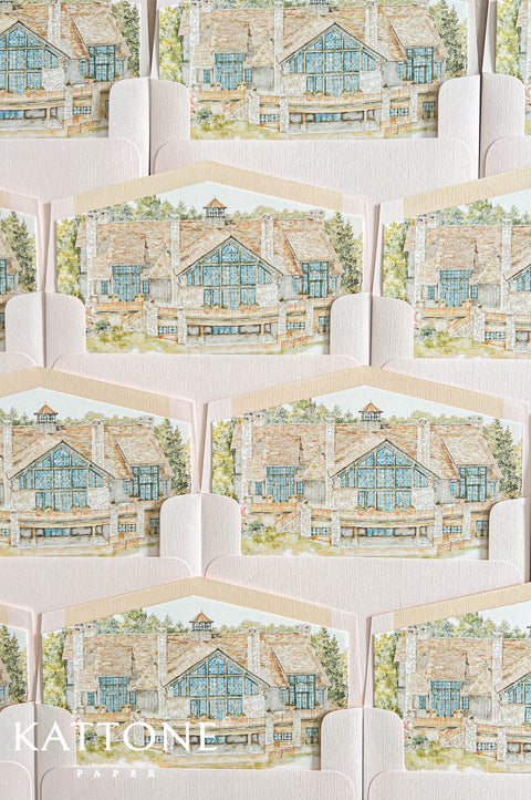 Custom watercolor wedding venue envelope liners with blush pink luxury envelopes