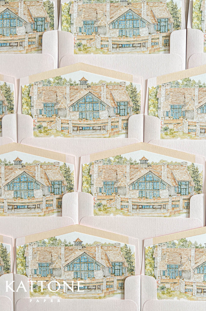 Custom watercolor wedding venue envelope liners with blush pink luxury envelopes