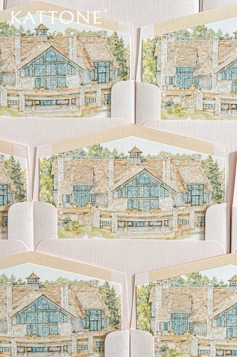 Luxury custom venue wedding envelope liners with hand-painted watercolor building illustration