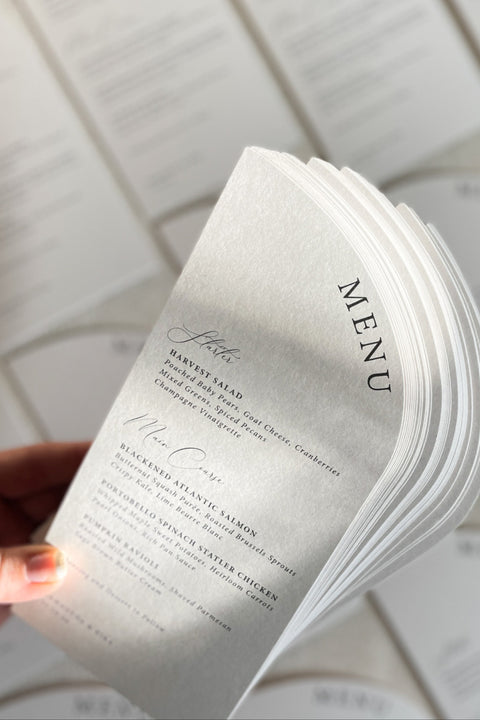 Make a statement with our modern half arch wedding menus, crafted on luxurious textured cardstock with refined typography. These sculptural menus blend minimalist design and organic curves, bringing sophistication and balance to your table styling. Ideal for fine-art, modern, and romantic weddings, they complement any elegant tablescape with effortless charm.
