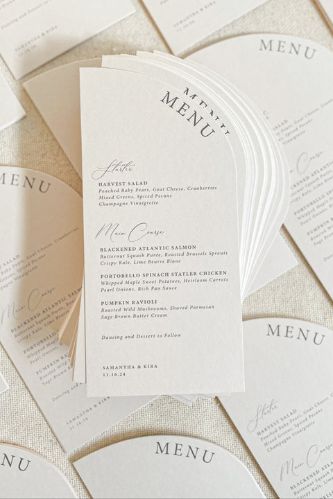 Make a statement with our modern half arch wedding menus, crafted on luxurious textured cardstock with refined typography. These sculptural menus blend minimalist design and organic curves, bringing sophistication and balance to your table styling. Ideal for fine-art, modern, and romantic weddings, they complement any elegant tablescape with effortless charm.