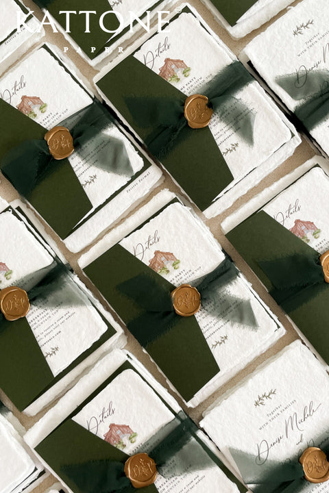 Announce your marriage with a timeless, classic feel with these vintage wedding invitation sets. Each suite features a deeply personal and artistic custom venue illustration, hand-drawn by us to capture the charm of your wedding location. The artwork is printed on luxurious handmade paper, made from 100% recycled cotton rag, giving it a luxurious and organic texture that feels both rustic and elegant.