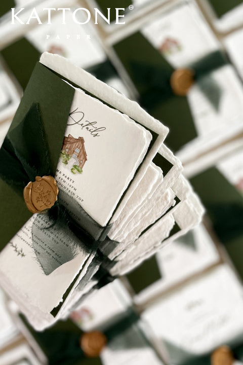 Announce your marriage with a timeless, classic feel with these vintage wedding invitation sets. Each suite features a deeply personal and artistic custom venue illustration, hand-drawn by us to capture the charm of your wedding location. The artwork is printed on luxurious handmade paper, made from 100% recycled cotton rag, giving it a luxurious and organic texture that feels both rustic and elegant.
