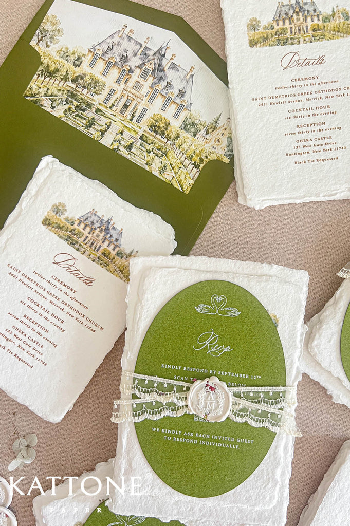 A styled flat-lay of a coordinated wedding invitation suite featuring an olive green envelope with a chateau illustration, white textured paper inserts, and an oval green RSVP card wrapped with a lace ribbon.