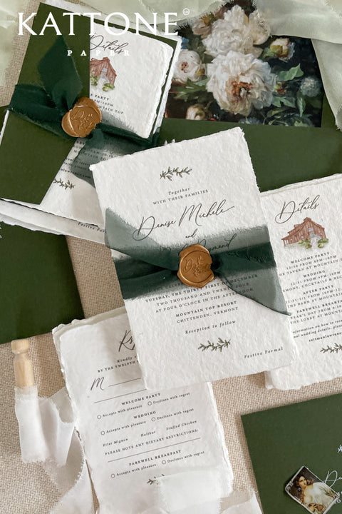 Announce your marriage with a timeless, classic feel with these vintage wedding invitation sets. Each suite features a deeply personal and artistic custom venue illustration, hand-drawn by us to capture the charm of your wedding location. The artwork is printed on luxurious handmade paper, made from 100% recycled cotton rag, giving it a luxurious and organic texture that feels both rustic and elegant.