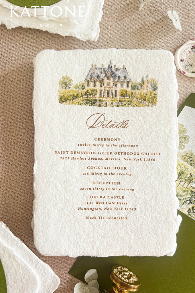A square wedding invitation card with a rustic linen texture, featuring a watercolor illustration of Saint Demetrios Greek Orthodox Church and Okeha Castle. The invitation is styled in a flat-lay arrangement on a beige linen background with decorative props.