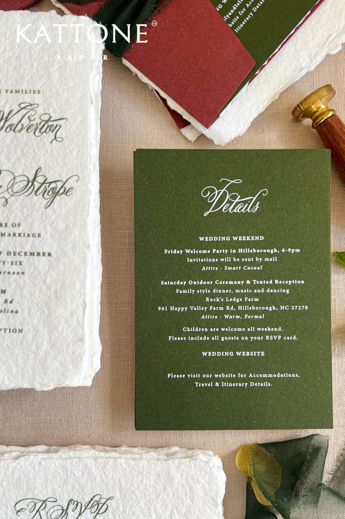 A styled flat-lay of wedding stationery featuring a dark green 'Details' card in the center, surrounded by textured white and burgundy paper elements, a gold seal, and a Kattone brand watermark in the top left corner.