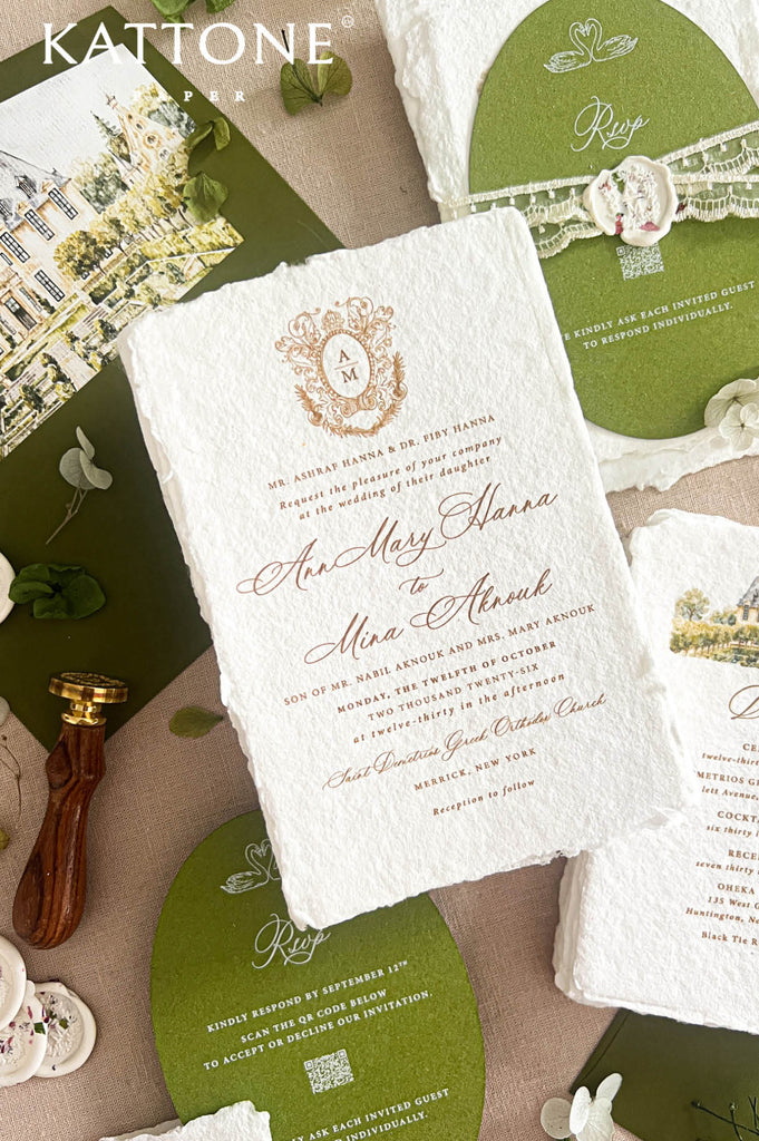 A styled flat-lay of a wedding invitation suite featuring a central white textured card with gold and pink script text, surrounded by olive green circular invitation inserts, lace details, a wooden seal stamp, and floral accents on a neutral beige background.