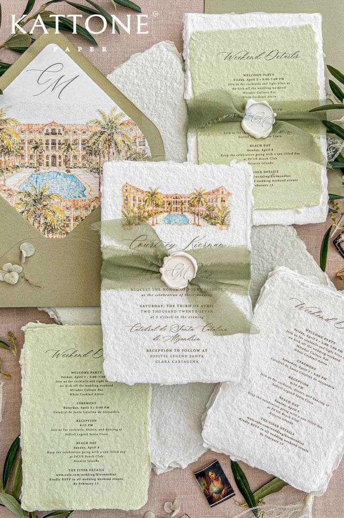 Top-down flat lay of luxury sage green destination wedding invitation suite featuring ivory handmade deckled-edge paper, pale green weekend details cards, watercolor resort illustration, sage silk ribbon, ivory monogram wax seals, and olive green envelopes with tropical watercolor liners