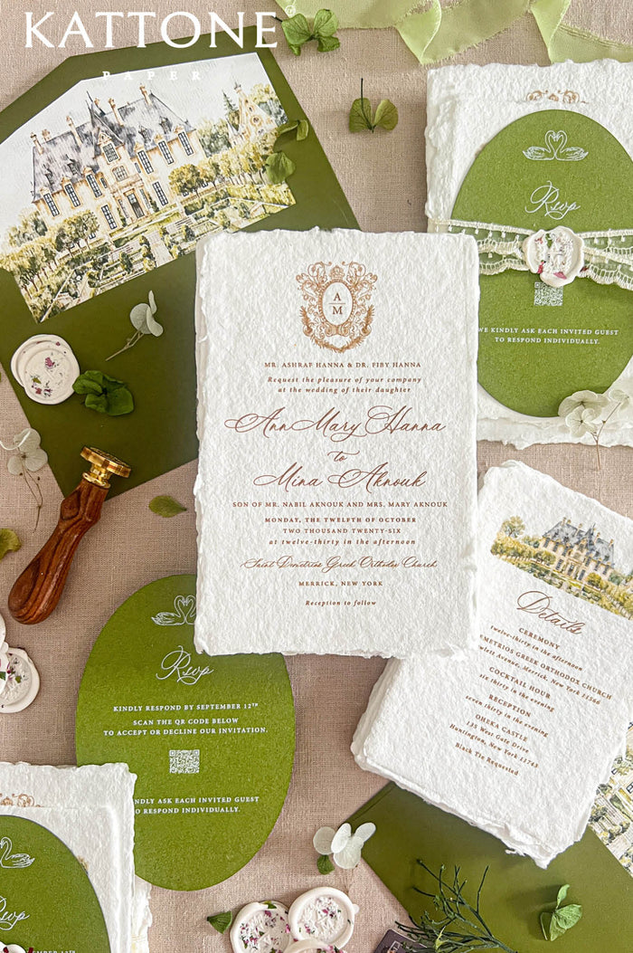 Top-down flat lay of luxury olive green wedding invitation suite featuring ivory handmade deckled-edge paper, ornate monogram crest, oval green RSVP cards with swan illustrations, ivory lace, personalized floral wax seals, olive envelopes, and watercolor estate envelope liners styled on a neutral linen background