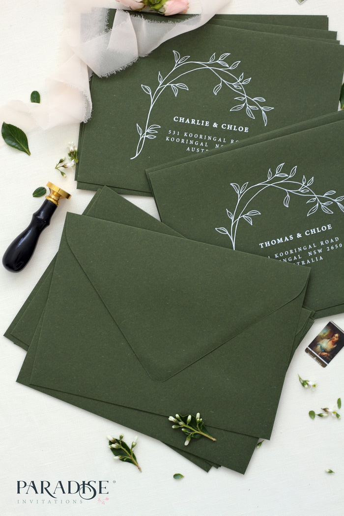 Forest Green Envelopes Floral White Ink Printing, 130x190mm