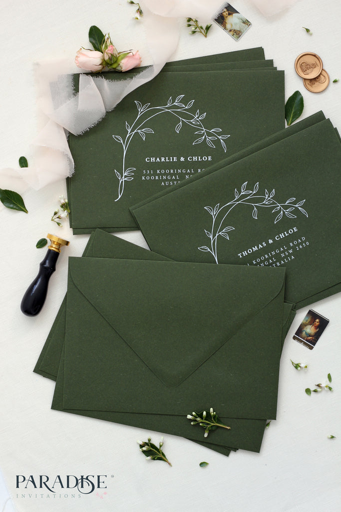 Forest Green Envelopes Floral White Ink Printing, 130x190mm