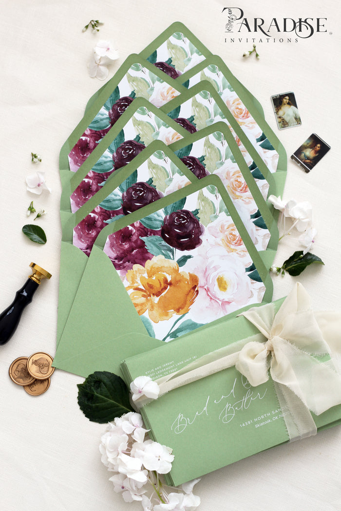 Floral Marsala Envelope Liners on Pear Envelopes