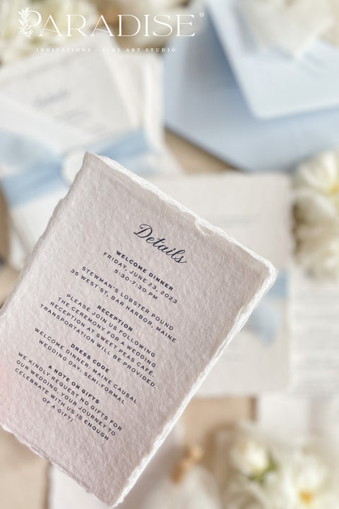 Elegant, romantic, and handmade with love - our fine art wedding invitation suite is crafted from luxury cotton deckled-edge paper and finished with a delicate powder blue chiffon ribbon and white wax seal. The soft blue tones and artisanal textures make this suite perfect for fine art, coastal, or destination weddings, offering a serene yet refined aesthetic that feels effortlessly graceful.