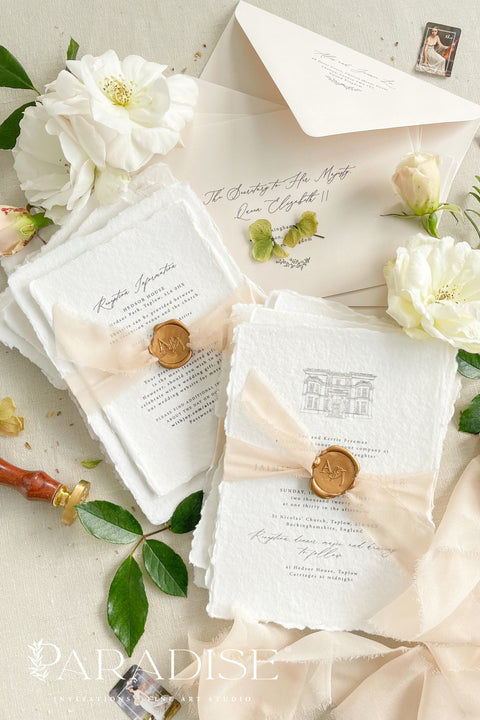 Announce your special day with a timeless and deeply personal touch with these exquisite wedding invitations. Each invite is a beautiful work of art, featuring a bespoke wedding venue illustration, hand-drawn by us to capture the unique charm of your location. Printed on luxurious handmade paper, this suite offers a rich, tactile experience and a classy and elegant stationery design that your guests will cherish.