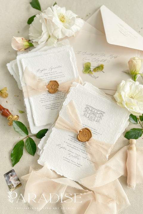 Announce your special day with a timeless and deeply personal touch with these exquisite wedding invitations. Each invite is a beautiful work of art, featuring a bespoke wedding venue illustration, hand-drawn by us to capture the unique charm of your location. Printed on luxurious handmade paper, this suite offers a rich, tactile experience and a classy and elegant stationery design that your guests will cherish.
