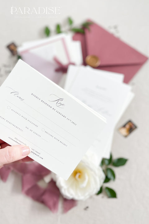 This wedding invitation suite exudes timeless romance and refined modernity, perfect for couples who love soft luxury and intentional design. Wrapped in delicate vellum jackets and tied with rich burgundy silk ribbons, each invitation feels like an elegant love letter - graceful, textured, and unforgettable. Printed on luxury fine art cardstock, the minimalist typography and spacious layout create a beautifully balanced aesthetic that feels both modern and classic.