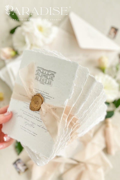 Announce your special day with a timeless and deeply personal touch with these exquisite wedding invitations. Each invite is a beautiful work of art, featuring a bespoke wedding venue illustration, hand-drawn by us to capture the unique charm of your location. Printed on luxurious handmade paper, this suite offers a rich, tactile experience and a classy and elegant stationery design that your guests will cherish.