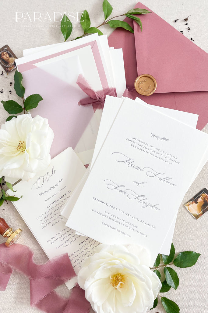 Breeze Deep Rose Letterpress Wedding Invitations