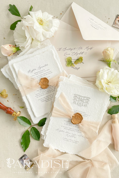 Announce your special day with a timeless and deeply personal touch with these exquisite wedding invitations. Each invite is a beautiful work of art, featuring a bespoke wedding venue illustration, hand-drawn by us to capture the unique charm of your location. Printed on luxurious handmade paper, this suite offers a rich, tactile experience and a classy and elegant stationery design that your guests will cherish.
