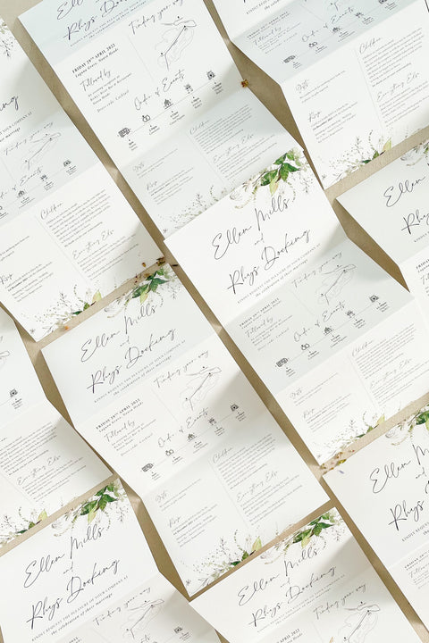 This concertina wedding invitation suite is ideal for couples who want a seamless way to share every detail of their celebration. Its fold-out layout allows you to include your ceremony, reception, travel, and RSVP information - all presented with fine art botanical illustrations that bring a touch of nature’s grace to your stationery. Perfect for garden weddings, destination celebrations, or romantic countryside venues, this suite combines beauty with functionality.