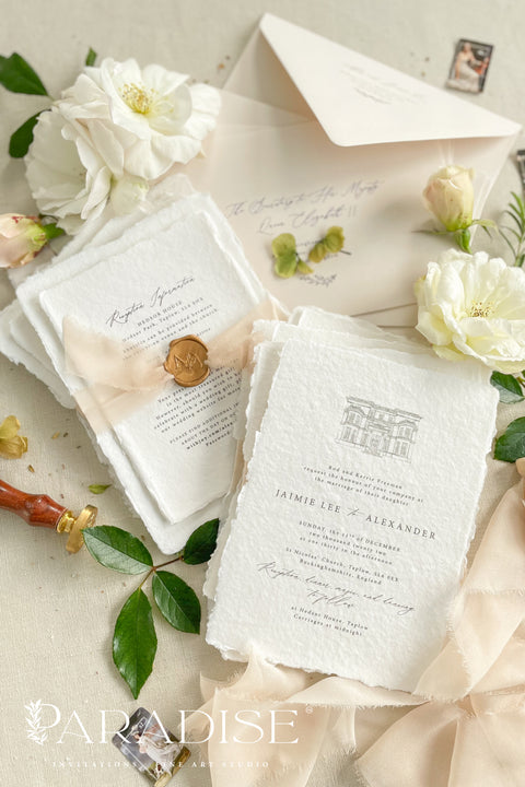 Announce your special day with a timeless and deeply personal touch with these exquisite wedding invitations. Each invite is a beautiful work of art, featuring a bespoke wedding venue illustration, hand-drawn by us to capture the unique charm of your location. Printed on luxurious handmade paper, this suite offers a rich, tactile experience and a classy and elegant stationery design that your guests will cherish.