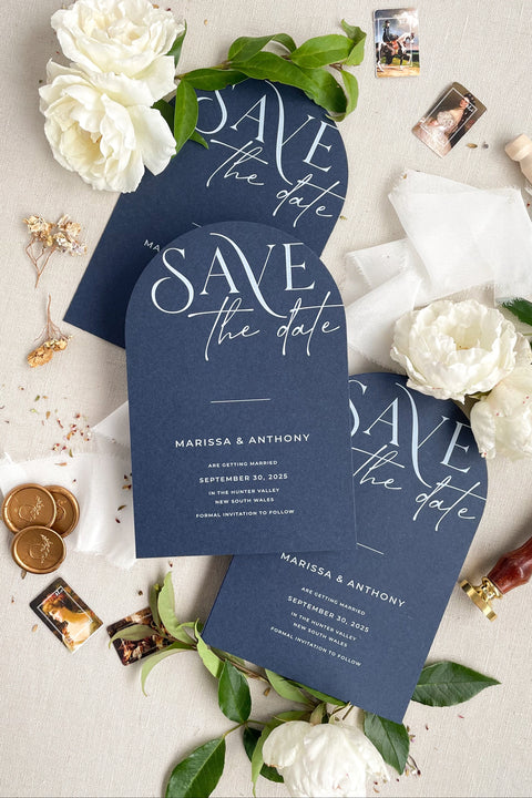 Make a bold and elegant first impression with our arched Save the Date cards, featuring clean modern typography on deep navy cardstock. Designed for couples who appreciate refined minimalism and contemporary design, these Save the Dates blend sleek structure with timeless sophistication. Perfect for modern, fine-art, or evening weddings, this design captures understated luxury and sets the tone for a beautifully curated celebration.