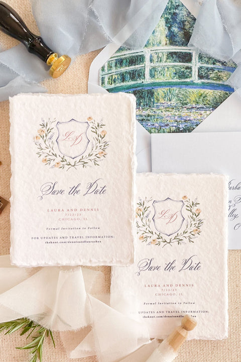 Announce your wedding in style with our handmade paper Save the Date card, designed for couples who love timeless elegance and artisan craftsmanship. Each card is created on luxury cotton handmade paper with natural deckled edges, featuring a romantic watercolor wreath and custom monogram - the perfect blend of artistry and sophistication.