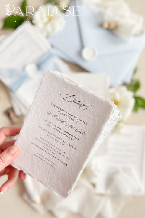 This exquisite invitation sets suite offers a blend of modern sophistication and natural beauty. Perfect for a beach wedding, these personalised invites feature a stunning, modern clean calligraphy design printed on luxurious handmade cotton paper. The tactile, rich feel of the paper beautifully complements the elegant and contemporary typography, setting a fresh and personal tone for your special day.