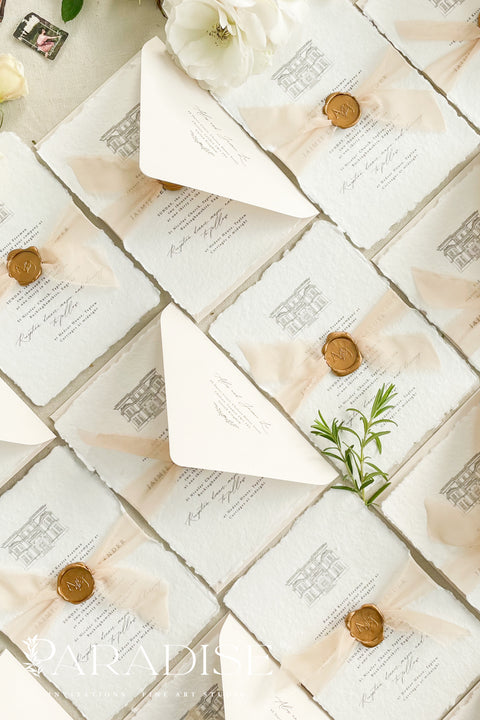 Announce your special day with a timeless and deeply personal touch with these exquisite wedding invitations. Each invite is a beautiful work of art, featuring a bespoke wedding venue illustration, hand-drawn by us to capture the unique charm of your location. Printed on luxurious handmade paper, this suite offers a rich, tactile experience and a classy and elegant stationery design that your guests will cherish.