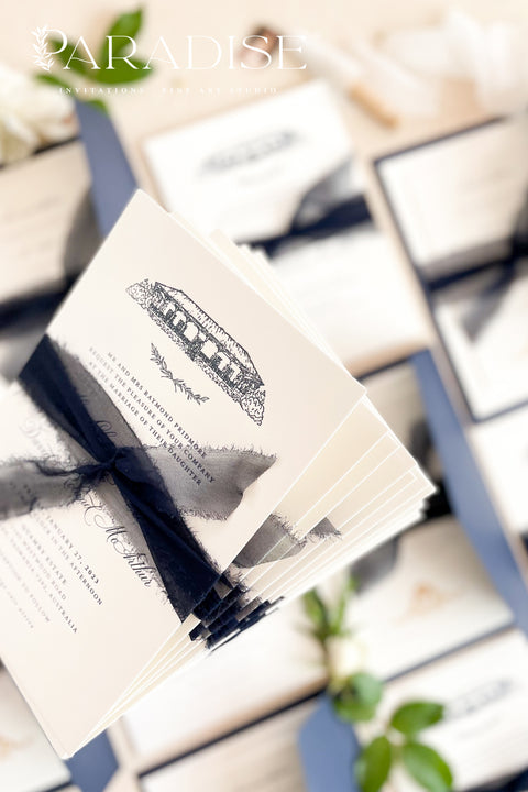 Elegant and refined, this letterpress wedding invitation suite brings classic artistry to modern romance. Featuring a custom hand-drawn illustration of your wedding venue, each piece is printed on luxurious cotton cardstock using the timeless technique of letterpress printing - creating a deep, tactile impression that you can both see and feel. The suite is accented with navy envelopes and tied with a silk ribbon, perfectly balancing sophistication with sentiment.