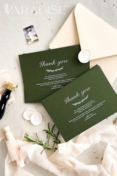Gracefully express your appreciation with these timeless thank you cards, designed to complement refined wedding stationery and elevated celebrations. Printed on rich, deep-green cardstock with soft white lettering, each card blends classic elegance with a modern, editorial feel. Perfect for weddings, intimate gatherings, and thoughtful correspondence, these thank you cards offer a polished way to leave a lasting impression long after the celebration ends.