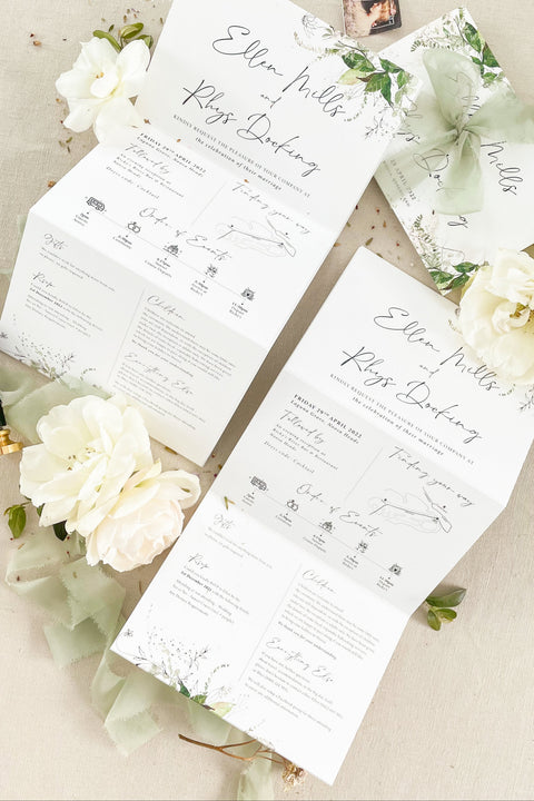 This concertina wedding invitation suite is ideal for couples who want a seamless way to share every detail of their celebration. Its fold-out layout allows you to include your ceremony, reception, travel, and RSVP information - all presented with fine art botanical illustrations that bring a touch of nature’s grace to your stationery. Perfect for garden weddings, destination celebrations, or romantic countryside venues, this suite combines beauty with functionality.