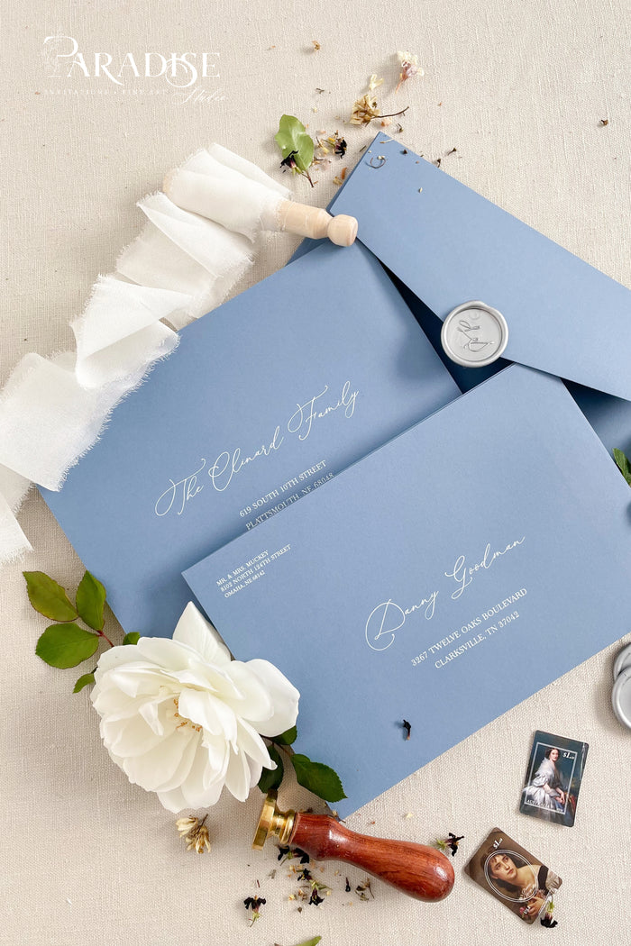 Dusty Blue Envelopes and White Ink Printing