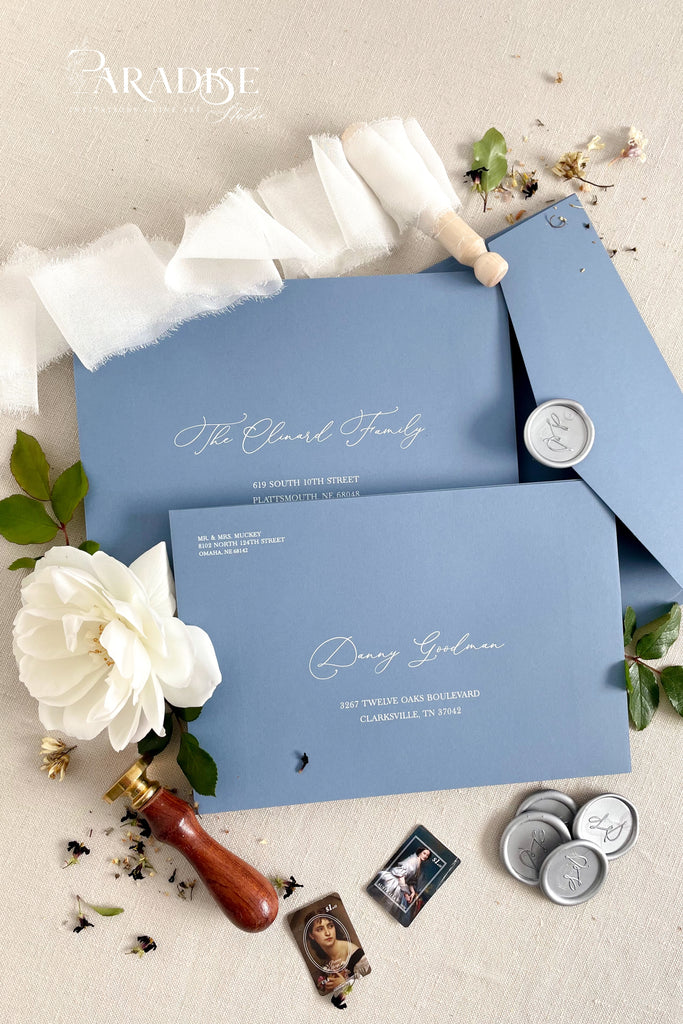 Dusty Blue Envelopes and White Ink Printing