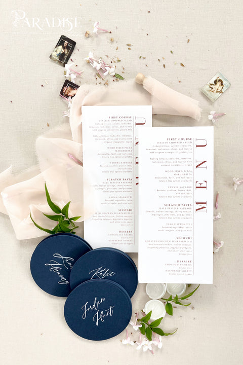 Add a bold, modern edge to your tablescape with our fine-art wedding menus, designed with striking typography and clean layout balance. Printed on luxury matte cardstock, these menus pair timeless minimalism with contemporary design - perfect for modern, industrial, or chic romantic weddings. The vertical type and crisp detailing make each piece a statement of refined sophistication.