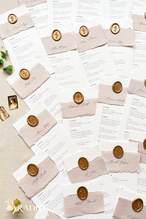Elevate your reception with our handmade paper wedding menus, featuring taupe silk wraps and gold wax seals for a refined, organic-luxury look. Crafted from 100% cotton paper with deckled edges, these menus capture the essence of fine-art wedding design - romantic, tactile, and timeless. Perfect for elegant garden, rustic, or European-inspired celebrations.