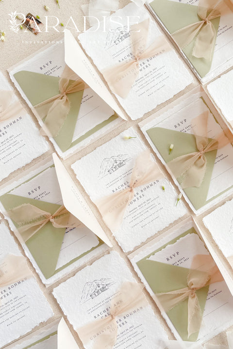 Celebrate your love story with our handmade deckled-edge wedding invitations, beautifully crafted with soft sage green accents, silk ribbon, and timeless wax seals. Each invitation is made by hand on luxurious 100% cotton paper, giving every piece an organic texture and an authentic fine art finish.