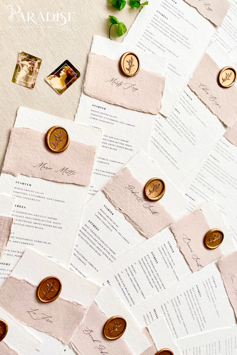 Elevate your reception with our handmade paper wedding menus, featuring taupe silk wraps and gold wax seals for a refined, organic-luxury look. Crafted from 100% cotton paper with deckled edges, these menus capture the essence of fine-art wedding design - romantic, tactile, and timeless. Perfect for elegant garden, rustic, or European-inspired celebrations.