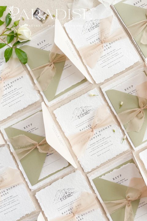 Celebrate your love story with our handmade deckled-edge wedding invitations, beautifully crafted with soft sage green accents, silk ribbon, and timeless wax seals. Each invitation is made by hand on luxurious 100% cotton paper, giving every piece an organic texture and an authentic fine art finish.