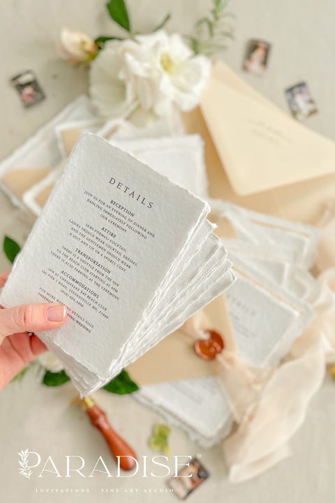 Simple, elegant, and timeless - our handmade wedding invitation suite is crafted from luxury cotton paper with naturally torn deckled edges, giving each piece a soft, organic texture. Paired with beige envelopes, blush silk ribbon, and a classic bronze wax seal, this design captures understated sophistication and effortless romance.
