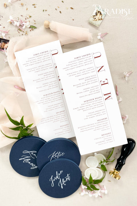 Add a bold, modern edge to your tablescape with our fine-art wedding menus, designed with striking typography and clean layout balance. Printed on luxury matte cardstock, these menus pair timeless minimalism with contemporary design - perfect for modern, industrial, or chic romantic weddings. The vertical type and crisp detailing make each piece a statement of refined sophistication.