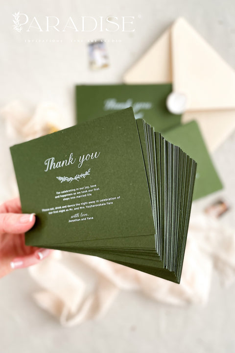 Gracefully express your appreciation with these timeless thank you cards, designed to complement refined wedding stationery and elevated celebrations. Printed on rich, deep-green cardstock with soft white lettering, each card blends classic elegance with a modern, editorial feel. Perfect for weddings, intimate gatherings, and thoughtful correspondence, these thank you cards offer a polished way to leave a lasting impression long after the celebration ends.