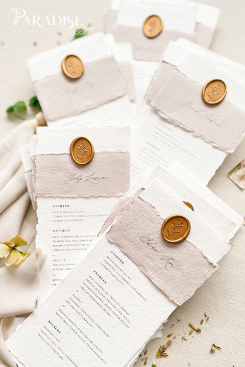 Elevate your reception with our handmade paper wedding menus, featuring taupe silk wraps and gold wax seals for a refined, organic-luxury look. Crafted from 100% cotton paper with deckled edges, these menus capture the essence of fine-art wedding design - romantic, tactile, and timeless. Perfect for elegant garden, rustic, or European-inspired celebrations.
