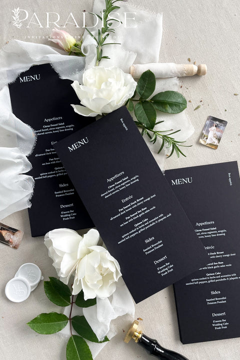 Make a bold and timeless statement with our black and white wedding menus, designed for couples who love modern minimalism and fine-art contrast. Printed on premium matte cardstock, each menu features elegant white typography against a deep black background - creating a sophisticated balance of drama and refinement. Perfect for luxury weddings, black-tie events, and evening receptions, these menus elevate every tablescape with effortless style and precision.