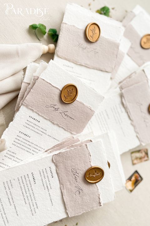 Elevate your reception with our handmade paper wedding menus, featuring taupe silk wraps and gold wax seals for a refined, organic-luxury look. Crafted from 100% cotton paper with deckled edges, these menus capture the essence of fine-art wedding design - romantic, tactile, and timeless. Perfect for elegant garden, rustic, or European-inspired celebrations.