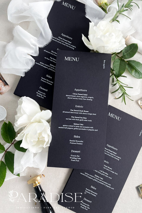 Make a bold and timeless statement with our black and white wedding menus, designed for couples who love modern minimalism and fine-art contrast. Printed on premium matte cardstock, each menu features elegant white typography against a deep black background - creating a sophisticated balance of drama and refinement. Perfect for luxury weddings, black-tie events, and evening receptions, these menus elevate every tablescape with effortless style and precision.